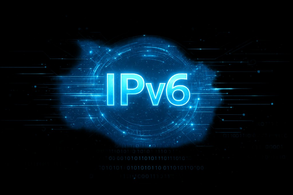 Parlayan IPv6 yazısı ve devre motifleri — modern adresleme ve omurgayı simgeler