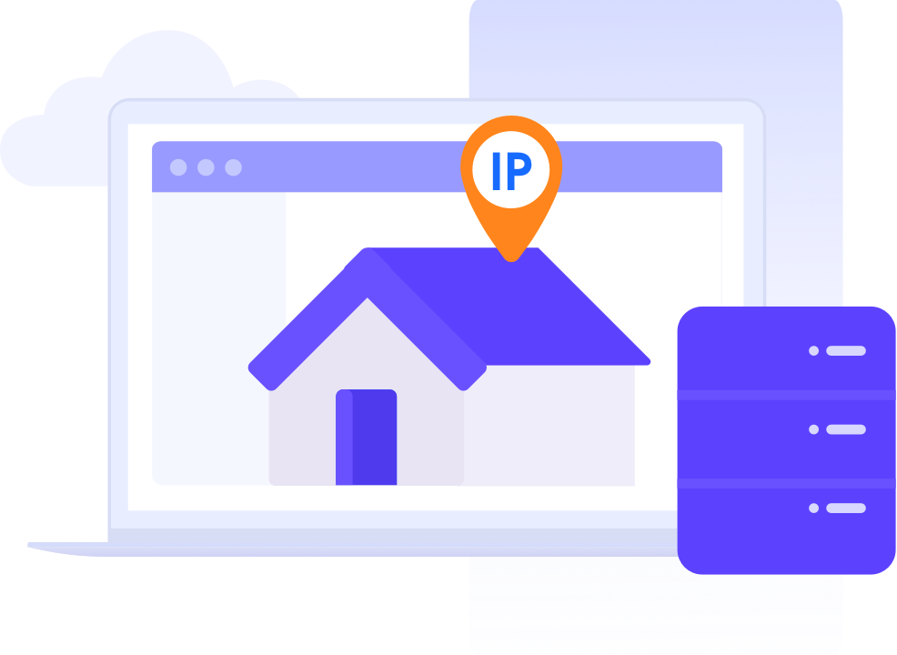 Dizüstü bilgisayarda ev simgesi ve IP konum iğnesi, yanında sunucu rafları — konut tipi çıkış ve altyapıyı temsil eder