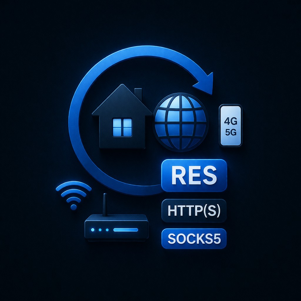Dönen ok, ev ve küre simgeleri; RES, HTTP(S), SOCKS5 ve 4G/5G etiketleri — dönen residential proxy kavramını gösterir